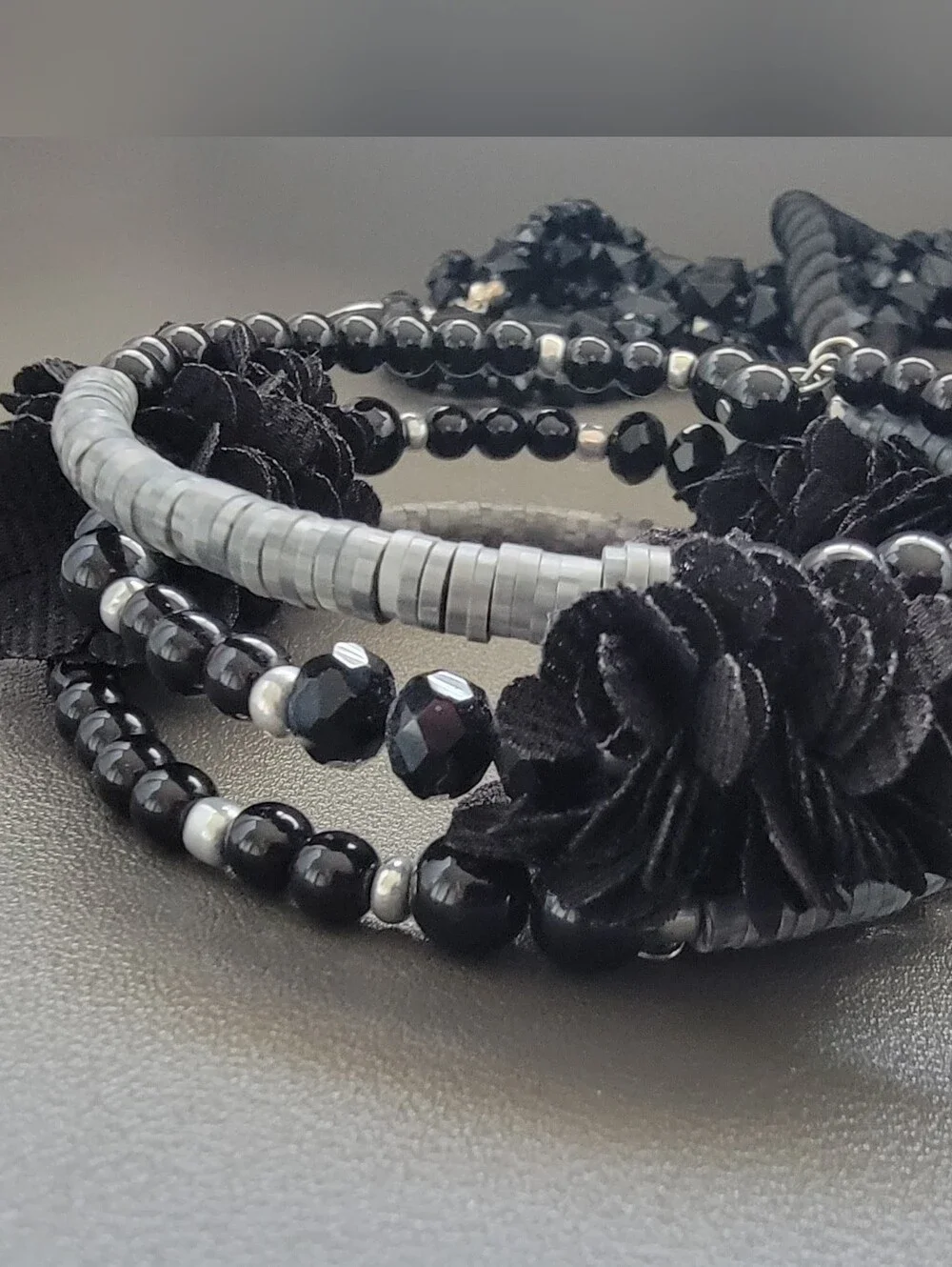 3 Pc Black Statement Jewelry Bundle Crystal Bib Nk, Faceted Bead Nk, Memory Wire